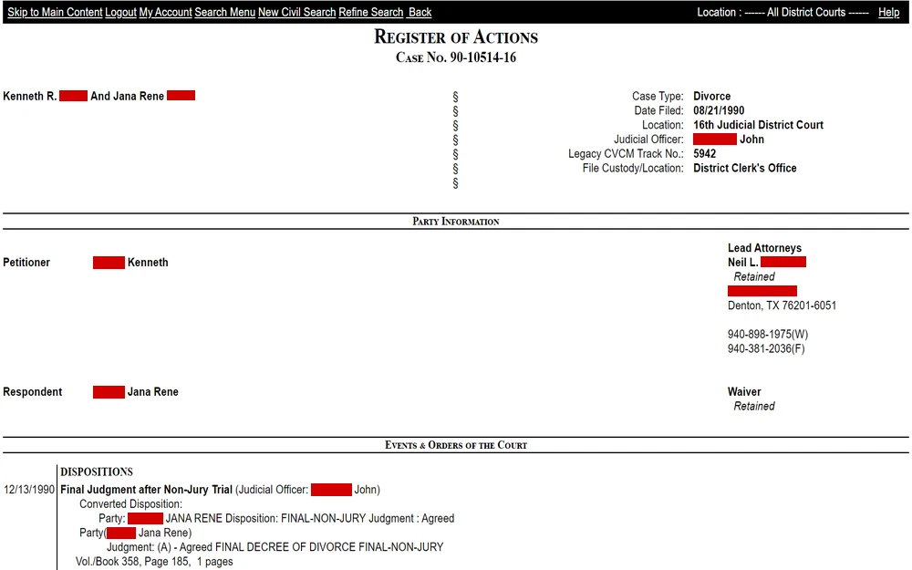 A screenshot from a court's register of actions shows case details, including case number, file date, case type as a personal legal proceeding, names of involved parties, the presiding judicial officer, court location, final judgment details, and contact information for the lead attorney.