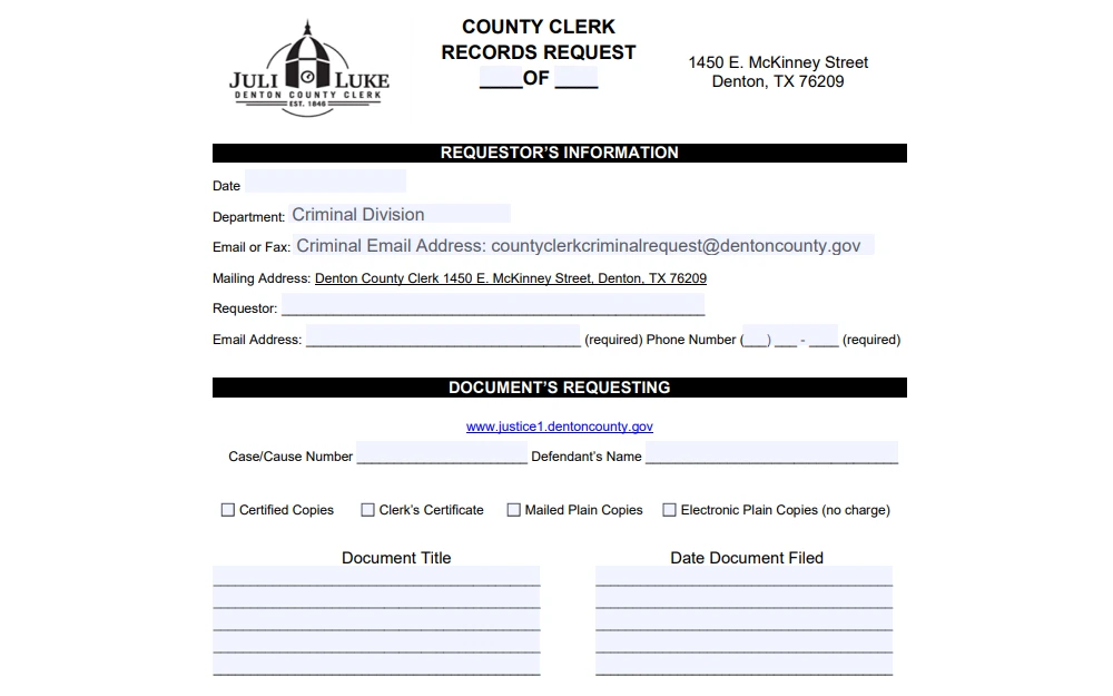 Screenshot of the Denton County Clerk's records request form displaying sections for requestor information and document details.