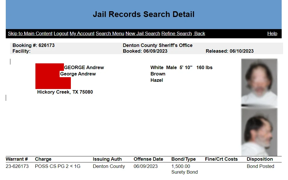 Screenshot of a jail records search detail displaying the booking details, inmate information, as well as the warrant, charges, and bonds.