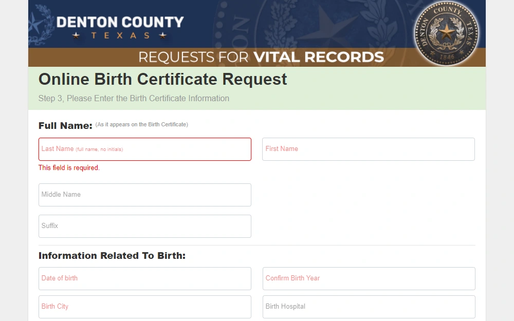 Screenshot of the online service for birth records, showing fields for the full name of applicant as it appears on the certificate and information related to birth.