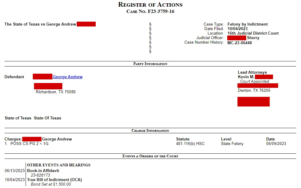 Screenshot of the register of actions of a district inmate showing the case details, inmate information, charge information, and the events and order of the court.