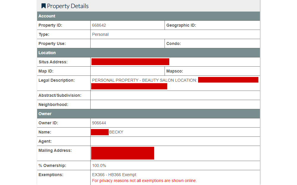 Screenshot of the property information provided by the Denton Central Appraisal District, displaying the property account, location, and owner.