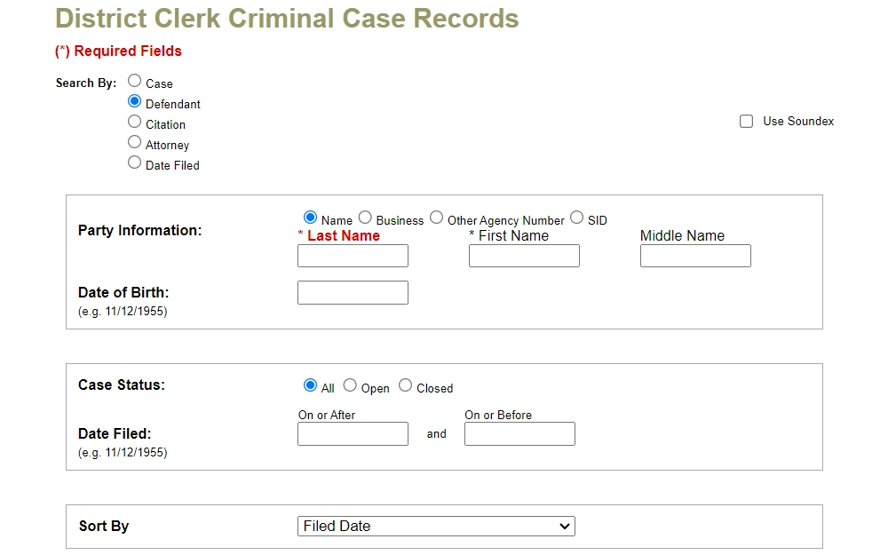 Screenshot of the district clerk's criminal case record search tool with options to search by case, defendant, attorney, citation number, and filing date.