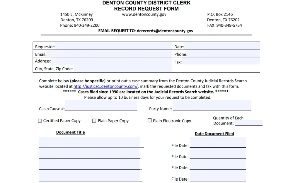 A request form from a county district clerk's office with fields for requester contact information, case details, and options for certified, plain paper, or electronic copies of legal documents, with instructions for submitting the form via email or fax.