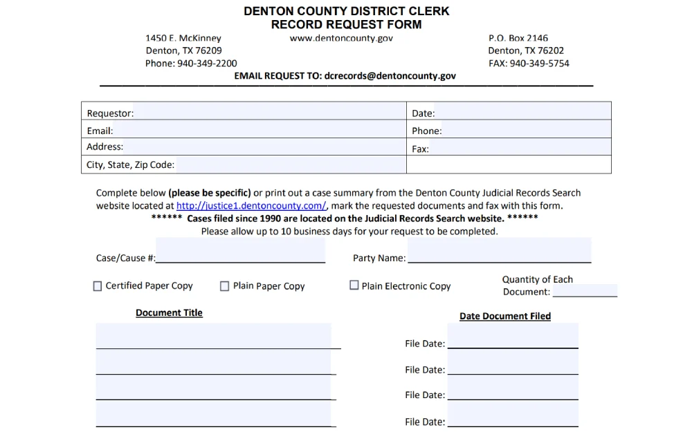 A screenshot request form for accessing judicial records from a county district clerk's office, featuring fields for the requester's contact information, case number, party name, type of document copy required, and the title and filing date of documents.