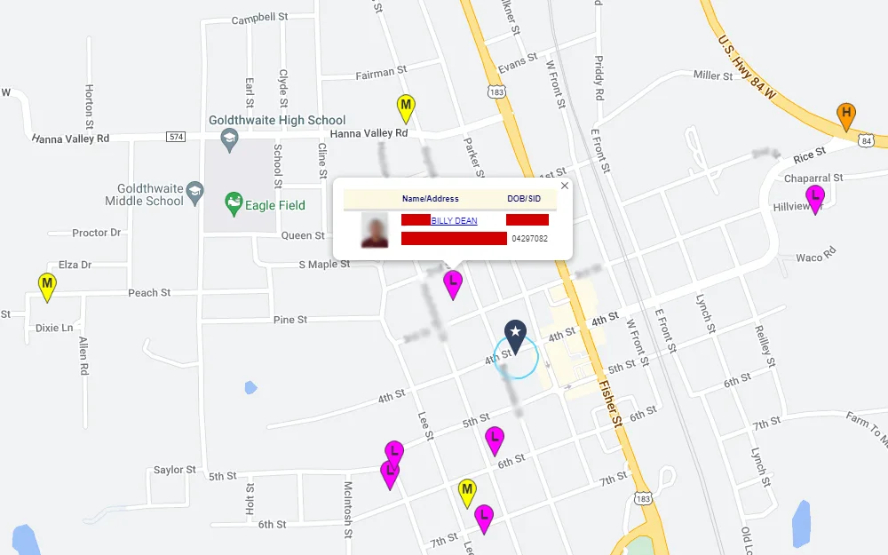 Screenshot of the offender registry map, showing the pinned locations of the offenders, and a bubble of information about the offender in the selected pin.