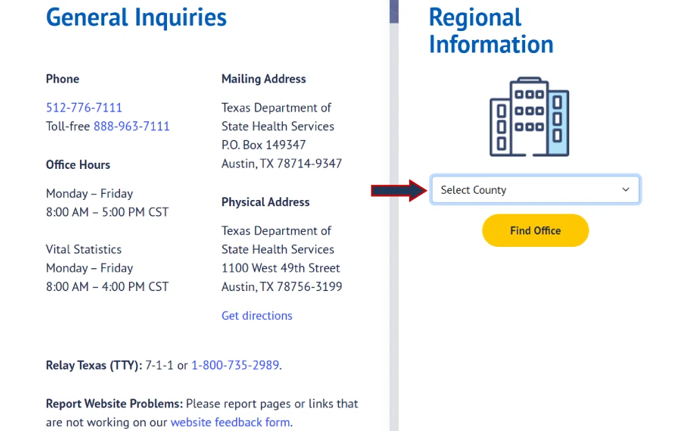 A screenshot of the contact section from the Texas Department of State Health Services website showing general inquiries contact numbers, mailing and physical addresses, office hours for general queries and vital statistics, a section for regional information and a "Find Office" button.