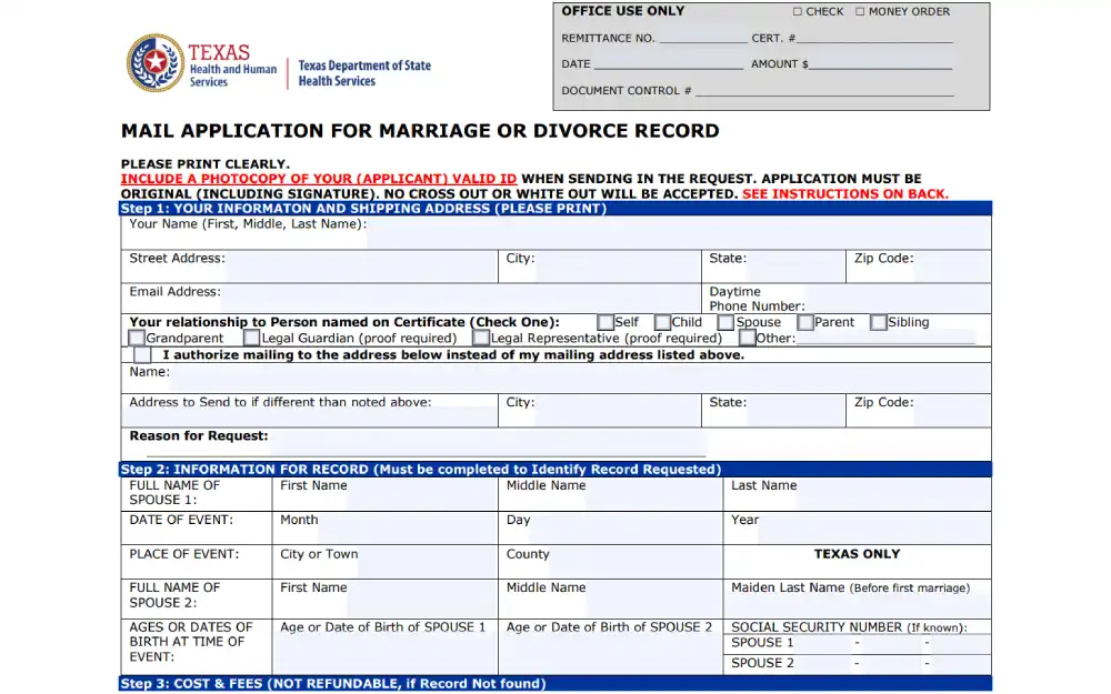 A screenshot of a Texas Health and Human Services mail application form for requesting a certified document related to a marital event, featuring sections for the applicant's information and shipping address, relationship to the person named on the certificate, details about the record being requested, and cost and fee information, with a note on required identification for processing. 