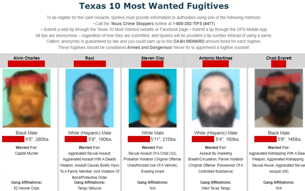 Screenshot of the ten most wanted fugitives in Texas, displaying their mugshots, names, basic information, crimes, and affiliations.