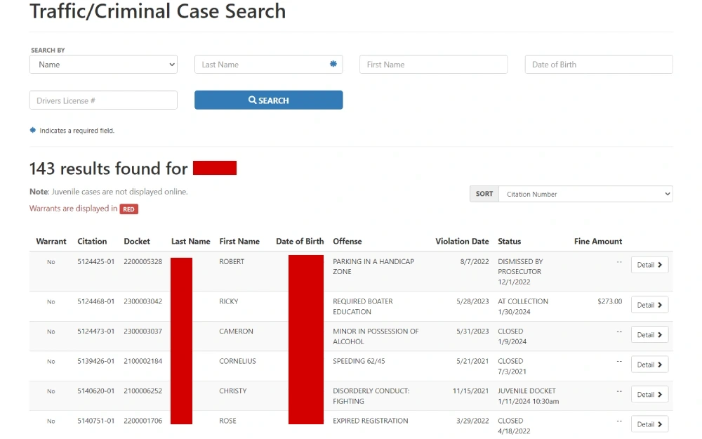 A screenshot listing various case details, including citation and docket numbers, offenses, dates, and statuses, with specific records highlighted to denote the importance or action required.