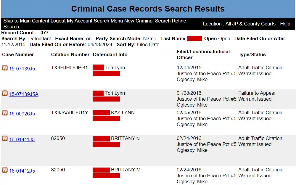 Screenshot taken from the records search feature of Denton County, Texas website showing a portion of the search results for criminal court cases, listing the following from left to right in table form: case numbers; citation numbers; defendants' names and birthdays; filing dates, locations, and judicial officers; and case types and status.