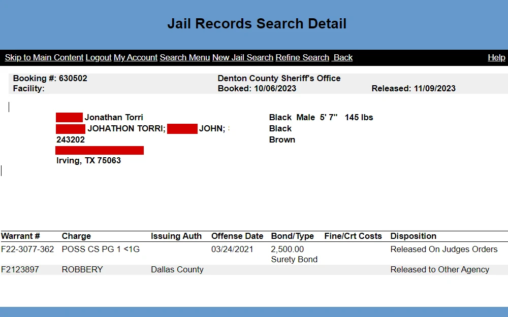 Screenshot of an inmate's jail record detail from the website of Denton County, Texas, displaying the booking number, booking date, facility, released date, inmate's name, aliases, address, race, gender, height, weight, and warrant information including the following: warrant numbers, charges, issuing authorities, offense dates, bond types, fines, and dispositions.