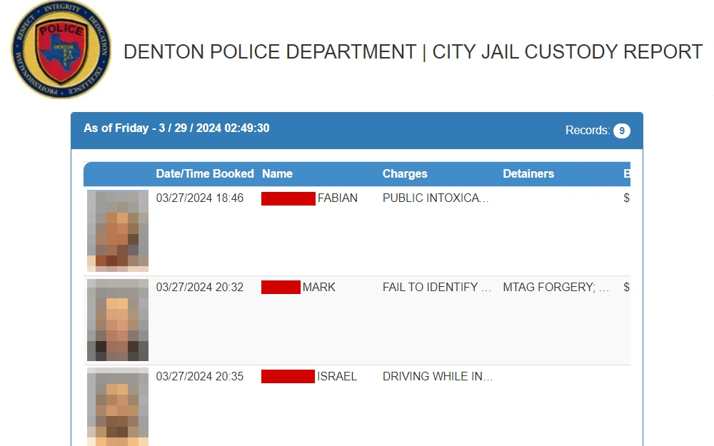 Screenshot of a portion of the city jail inmates roster provided by Denton Police Department displaying only the mugshot, date and time of booking, name, charges, and detainers of the first three offenders on the list.