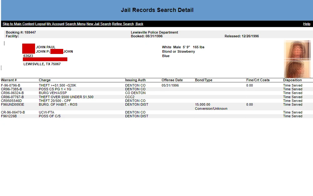 A screenshot of the jail records search tool provided by the Denton County Sheriff's Office displays the inmate's information, including the name, date of birth, address, physical description, warrant number, charges, issuing authority, offense date, fines/costs, and disposition.