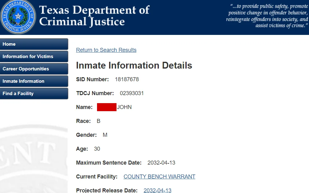 A screenshot showing an offender's information including their full name, age, physical description, current facility, maximum sentence date, projected release date, parole eligibility date, and other data from the Texas Department of Criminal Justice's website.